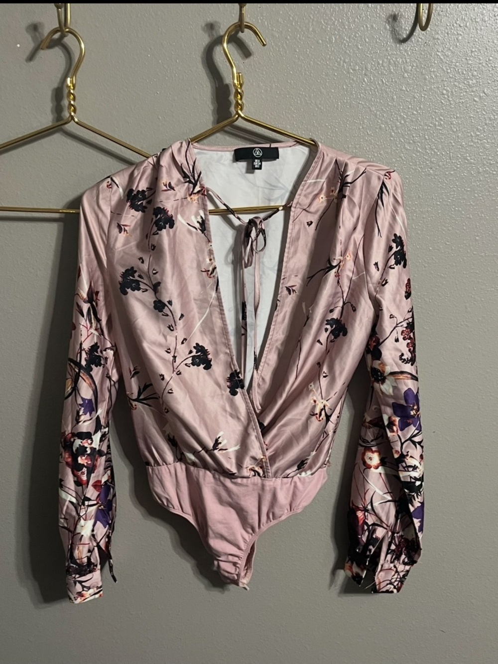 Missguided Blush Pink Floral Wrap-Front Long Sleeve Bodysuit